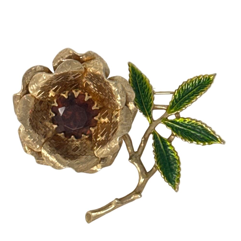 Vintage 1970s Sarah Coventry Brooch Gold Rose Green Enamel Floral
